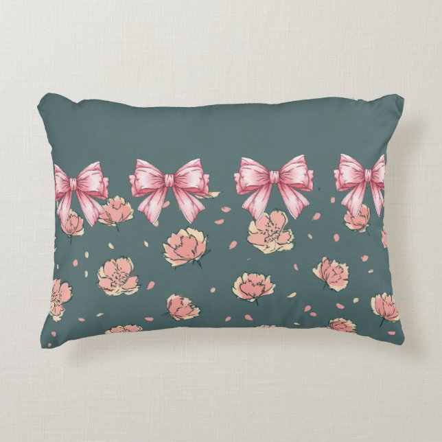 Pink Peony Pattern and Bow Accent Pillow (Front)