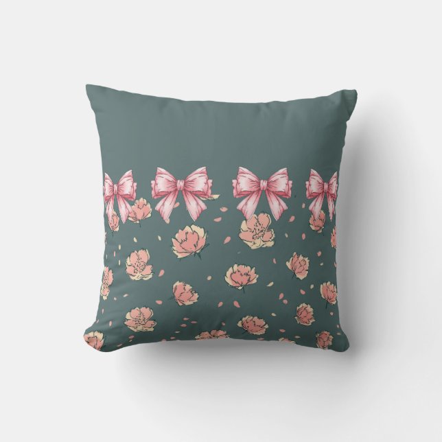 Pink Peony Pattern and Bow Throw Pillow (Front)