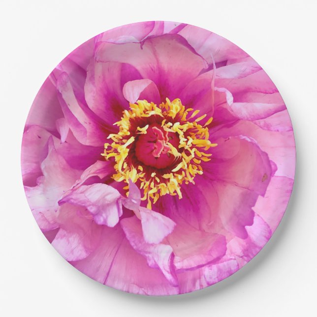 Pink Peony Plate, 9" Round Paper Plate (Front)