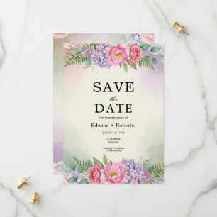 Pink Peony Purple Hydrangea Floral Save the Date