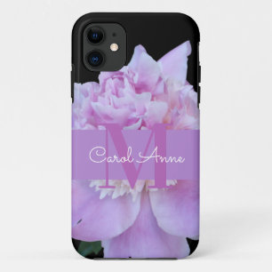 Pink Peony Purple Monogram Black iPhone 11 Case