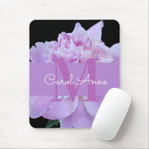 Pink Peony Purple Monogram Floral Black Mouse Pad