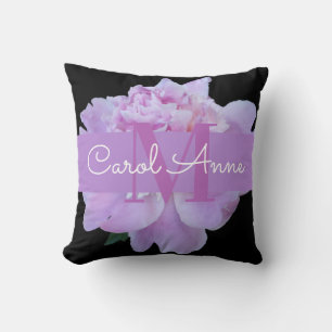 Pink Peony Purple Monogram Floral Black Throw Pill Pillow