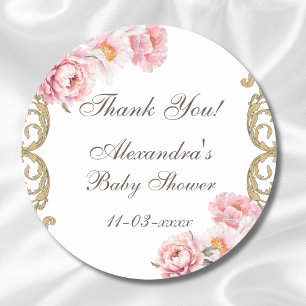 Pink Peony Rococo Floral Baby Shower Thank You Classic Round Sticker