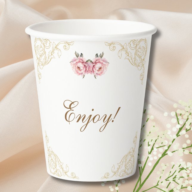 Pink Peony Rococo Flowers Baby Shower Paper Cups (Creator Uploaded)