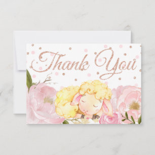 Pink Peony Rose Gold Sheep Baby Shower Thank You Card