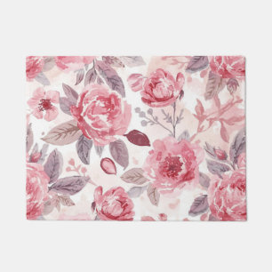 Pink Peony Rose Watercolor Floral Garden Doormat