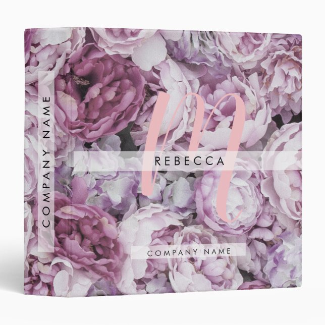 Pink Peony Roses Floral Script Monogram Binder (Front/Spine)