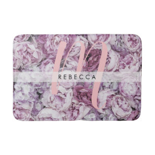 Pink Peony Roses Floral Stylish Monogram Bath Mat
