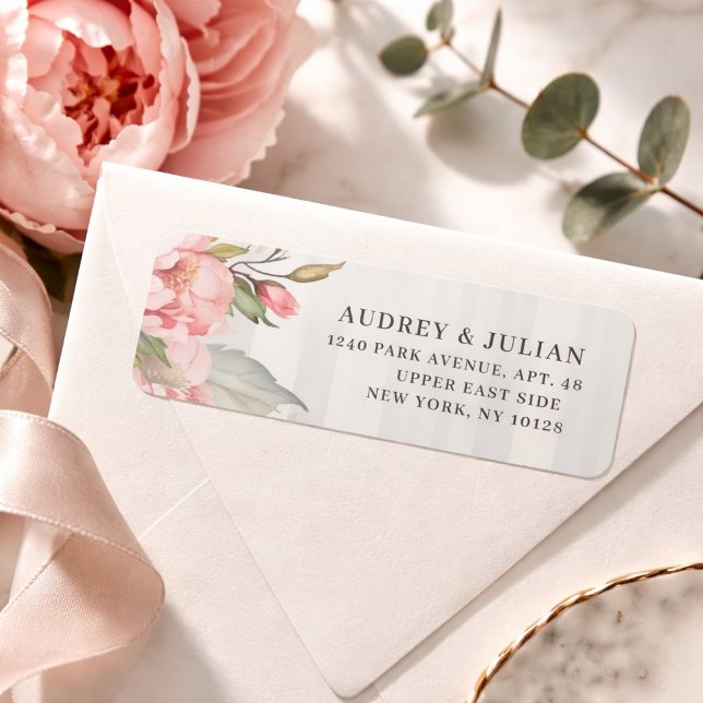 Pink Peony & Soft Grey Stripe Return Address (Créateur téléchargé)