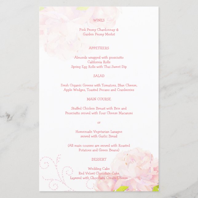 Pink Peony Spring Garden Menu Mariage (Devant)