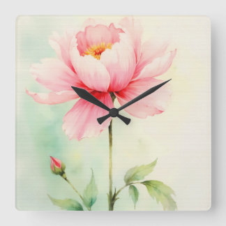 Pink Peony Square Wall Clock