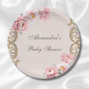 Pink Peony Vintage Rococo Floral Baby Shower Paper Plate