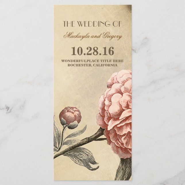 Pink Peony Vintage Wedding Programs (Front)