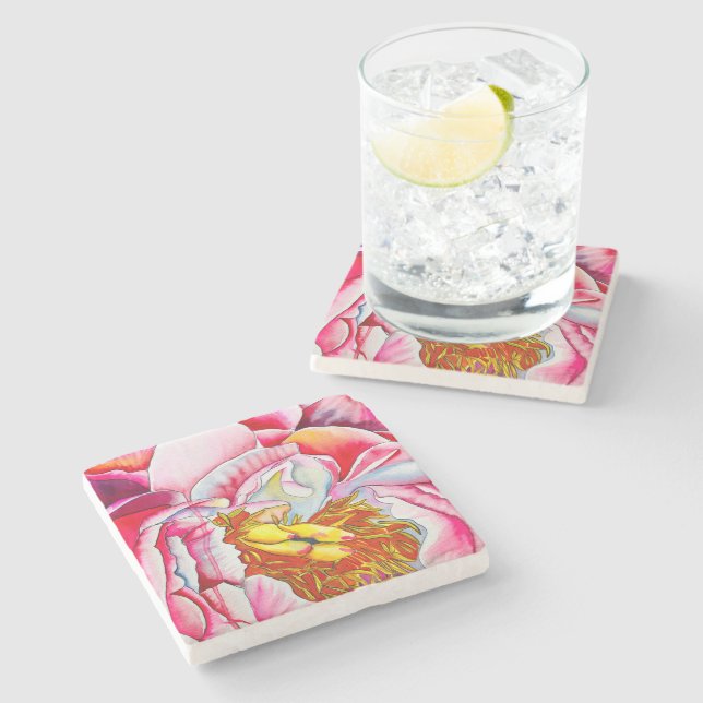 Pink Peony watercolor fine art Stone Coaster (Side)