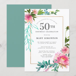 Pink Peony Watercolor Floral 50th Birthday Invitation