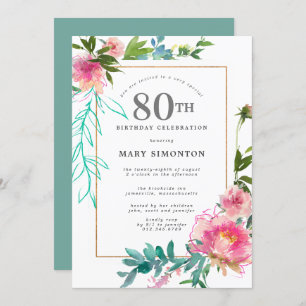 Pink Peony Watercolor Floral 80th Birthday Invitation