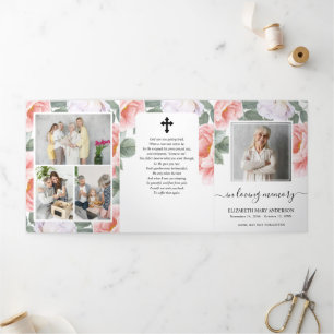 Pink Peony Watercolor Floral Memorial Funeral Tri-Fold Programme
