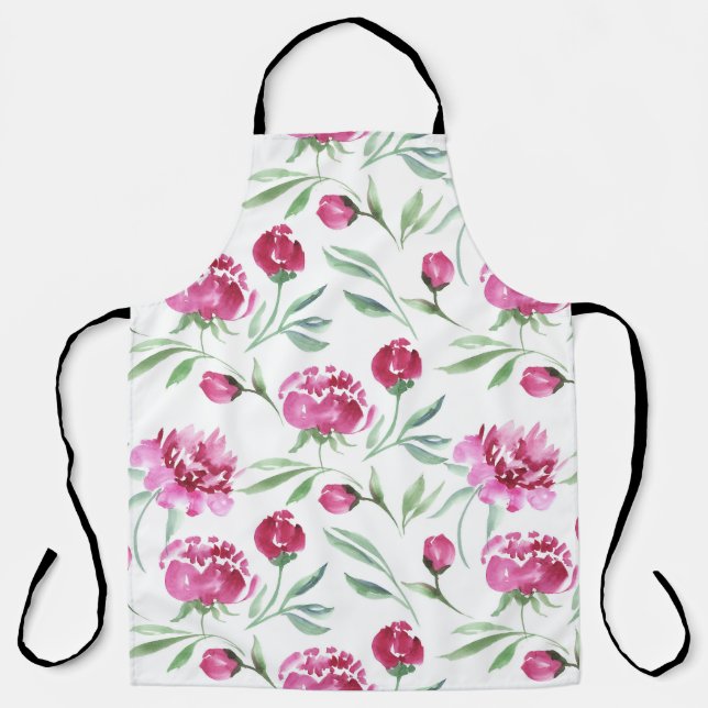 Pink Peony: Watercolor Flower Pattern Apron (Front)