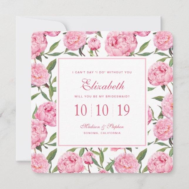 Pink Peony Watercolor Flowers - Bridesmaid Invitation (Front)