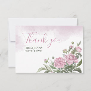 Pink Peony Watercolor Foliage Thank You Card