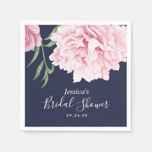 Pink Peony Watercolor Navy Bridal Shower Napkin