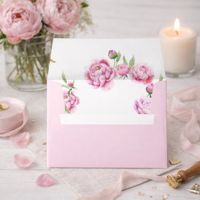 Pink Peony Watercolor Wedding Envelope (Pink Peony Wedding Envelope)