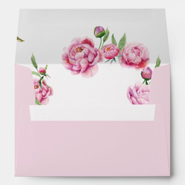 Pink Peony Watercolor Wedding Envelope (Back (Bottom))