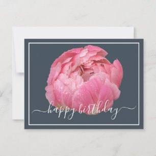 Pink Peony With Dew Drops Grey Backdrop Birthday Postcard