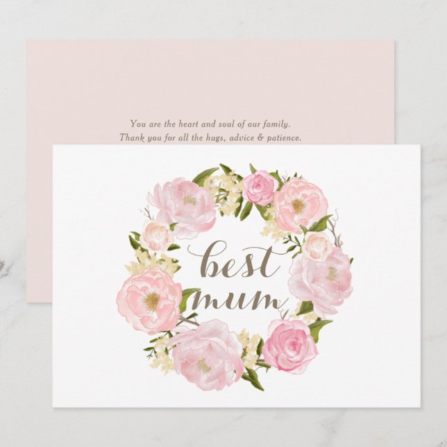 Pink Peony Wreath Best Mum Happy Mother's Day Holiday Card (Front/Back)
