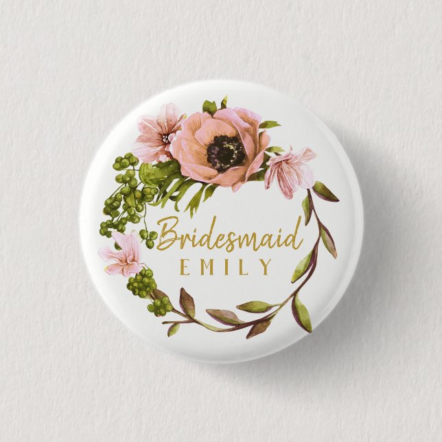 Pink Peony Wreath Bridesmaid Name ID456 1 Inch Round Button (Front)