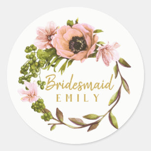 Pink Peony Wreath Bridesmaid Name ID456 Classic Round Sticker
