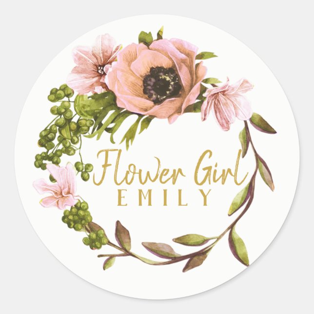 Pink Peony Wreath Flower Girl Name ID456 Classic Round Sticker (Front)