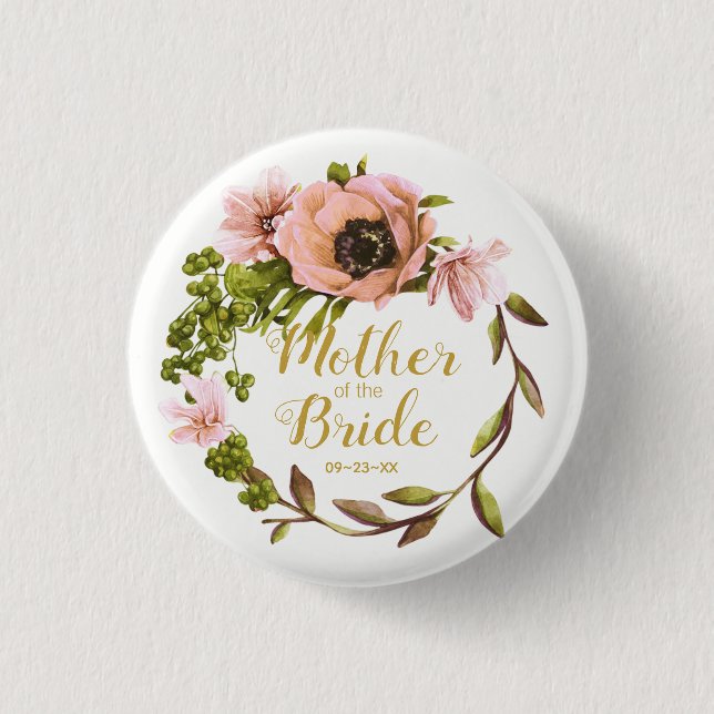 Pink Peony Wreath Mother of the Bride ID456 1 Inch Round Button (Front)