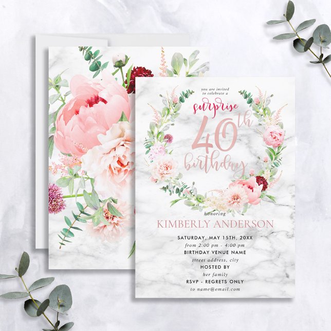 Pink Peony Wreath Rose Gold Marble Surprise 40th Invitation (Creator Uploaded)