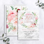 Pink Peony Wreath Rose Gold Marble Surprise 80th Invitation<br><div class="desc">Hands down my all-time favourite design to date, this gorgeous surprise birthday invitation features THE most beautiful watercolor florals I have ever seen - so realistic they look like photos! A wreath of pink peonies and astilbe, dahlias, allium balls, eucalyptus branches, and a delicate burgundy chrysanthemum surround a rose gold...</div>