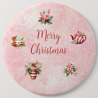 Pink Peppermint Christmas Tea Party Snowflake 6 Inch Round Button