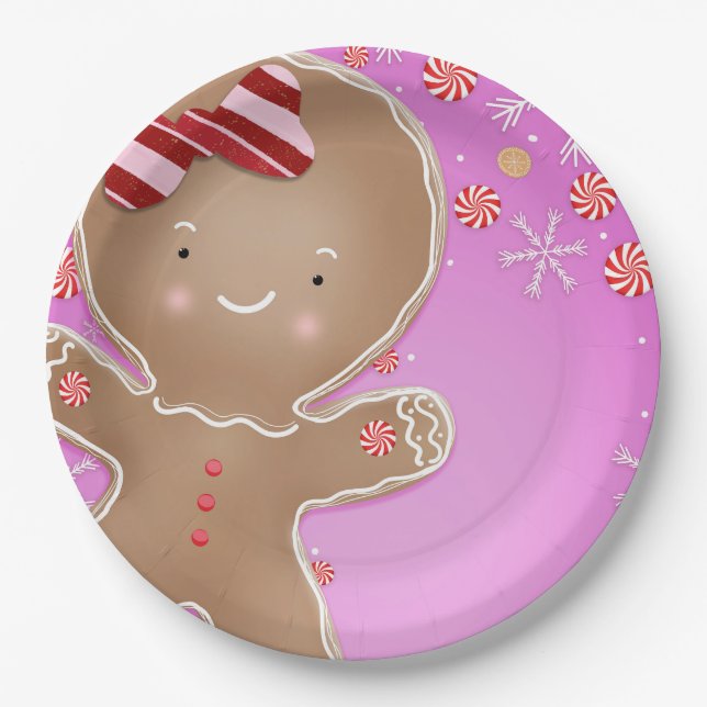 Pink Peppermint Gingerbread Cookie Holiday Party Paper Plate (Front)