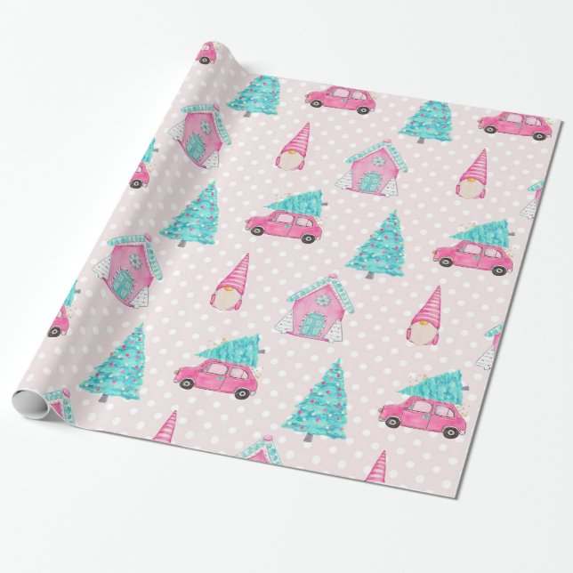 Pink Peppermint Gnome Christmas Tree Pattern  Wrapping Paper (Unrolled)