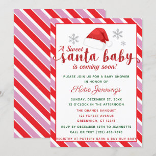 Pink Peppermint Stripe Santa Baby Shower Invitation