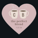 Pink Perfect Blend Couple Mugs Favour Heart Sticke Heart Sticker<br><div class="desc">A pair of illustrated,  steaming mugs of rich dark coffee (tea or hot chocolate) decorate this charming dusty rose pink bridal shower or wedding heart shaped favour sticker. Personalize all text and colour including the monogram letters on the mugs for a truly one of a kind finishing touch.</div>