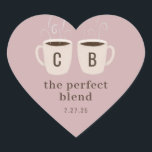 Pink Perfect Blend Couple Mugs Favour Heart Sticke Heart Sticker<br><div class="desc">A pair of illustrated,  steaming mugs of rich dark coffee (tea or hot chocolate) decorate this charming dusty rose pink bridal shower or wedding heart shaped favour sticker. Personalize all text and colour including the monogram letters on the mugs for a truly one of a kind finishing touch.</div>