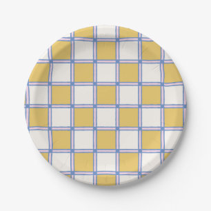 Pink, Periwinkle, and Golden Yellow Checkers Paper Plate