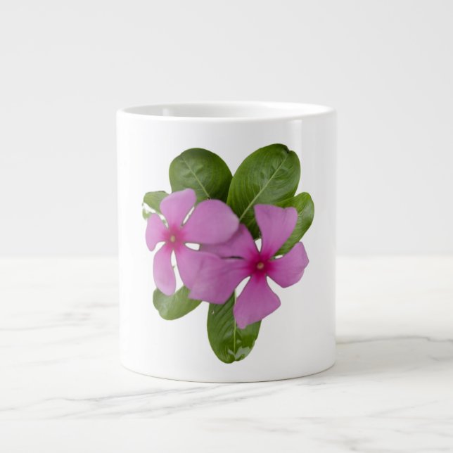 Pink Periwinkle Flowers with Green Leaves Large Coffee Mug (Front)