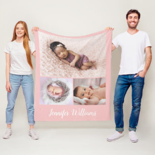 Pink Personalized Baby Girl Name & 3 Photo collage Fleece Blanket