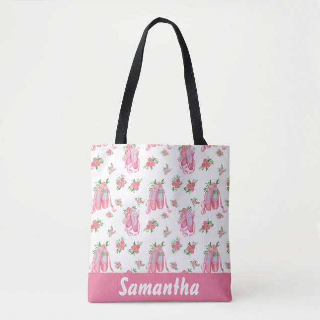 Pink Personalized Ballet Ballerina Shoes Tote Bag (Front)