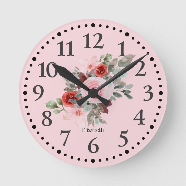 Pink Personalized Beautiful Floral Round Clock (Front)