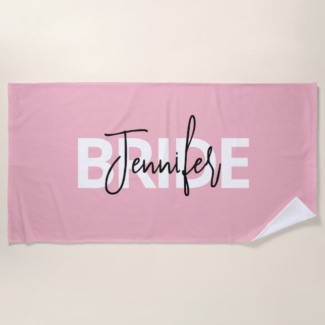 Pink Personalized Bride Typography Beach Towel (Front)