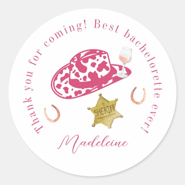 Pink Personalized Cowgirl Hat Country Bachelorette Classic Round Sticker (Front)