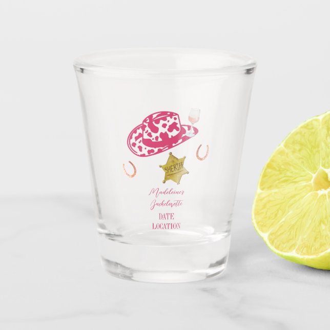 Pink Personalized Cowgirl Hat Country Bachelorette Shot Glass (Front)